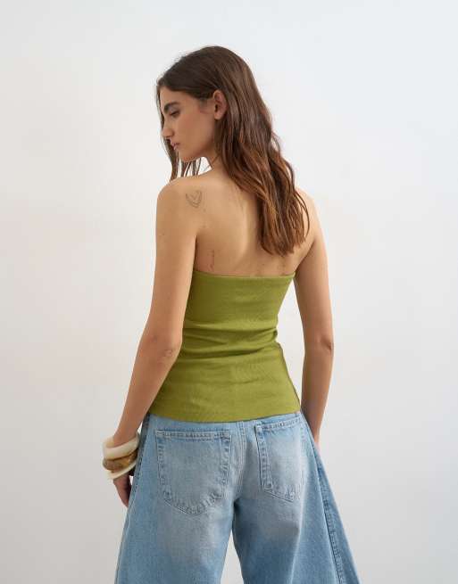 Topshop bandeau button detail top in olive green, 4 of 4