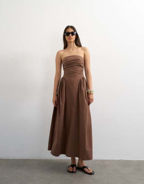Topshop bandeau cinch waist structured maxi dress in chocolate - view 1