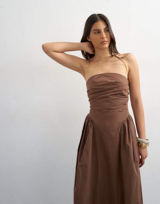 Topshop bandeau cinch waist structured maxi dress in chocolate, 2 of 4