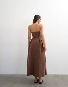 Model wearing Bandeau cinch waist structured maxi dress in chocolate