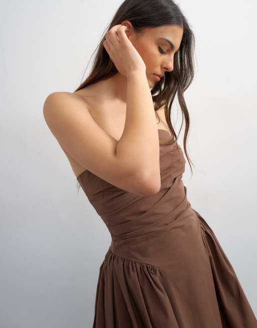 Topshop bandeau cinch waist structured maxi dress in chocolate, 4 of 4