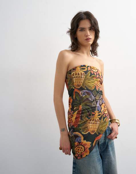 Topshop - Bandeau froncé sur le côté à imprimé tropical et ourlet asymétrique - Multicolore - view 1