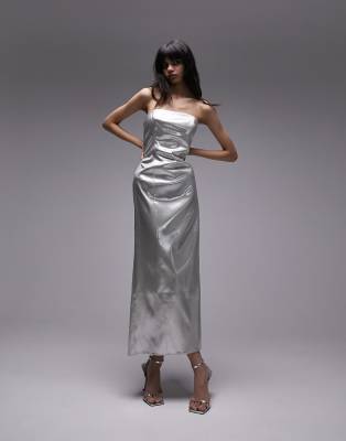 Topshop Bandeau Metallic Midi Dress In Silver