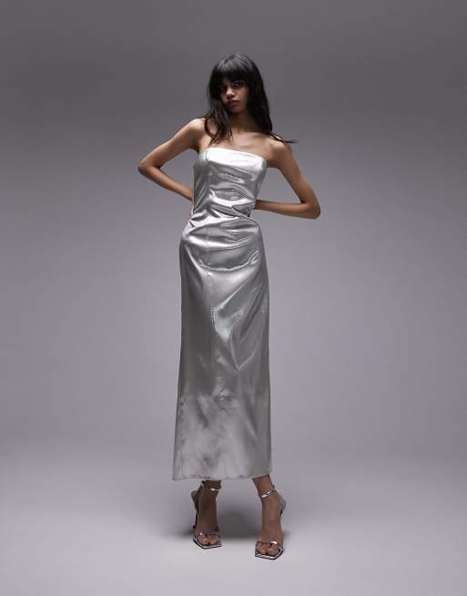 Topshop Bandeau Metallic Midi Dress in Silver