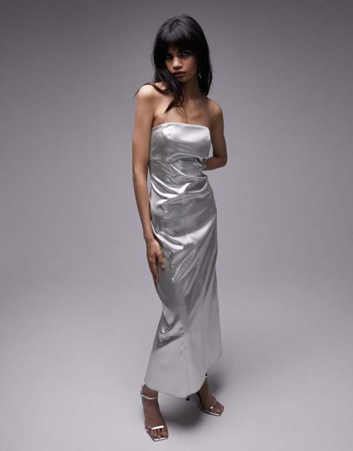 Topshop metallic maxi slip dress in silver