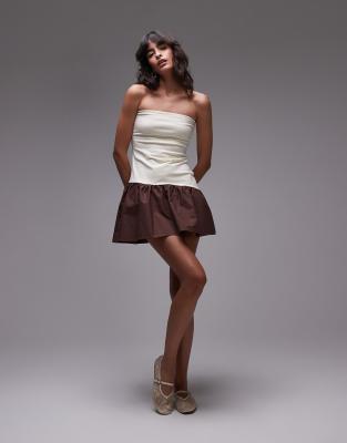 bandeau poplin mix mini dress in ecru and brown-Multi