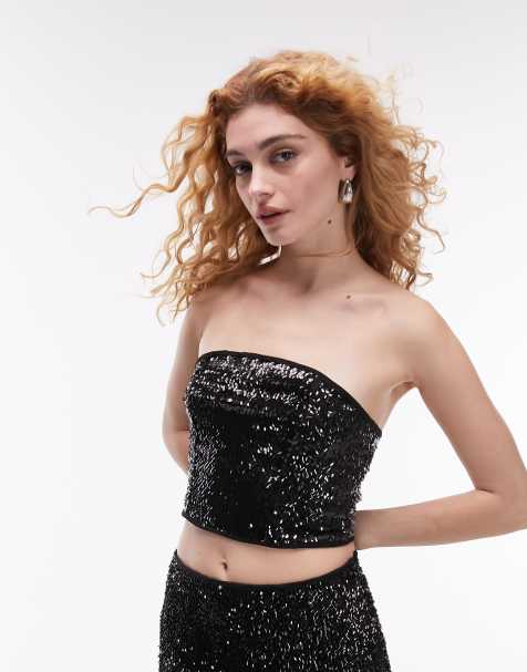 Topshop bandeau sequin top in black - part of a set - view 1