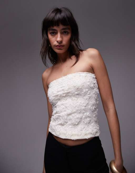 Topshop - Bandeau-top met getextureerde bloemen in crème