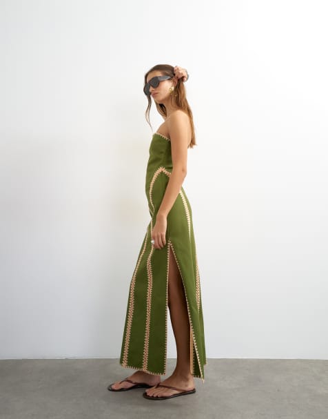 Topshop bandeaumaxi-jurk met contrastkleurige gehaakte details in groen en perzik - view 1