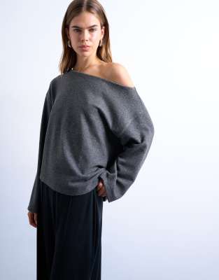 Topshop Bardot Asymmetric Brushed Top In Gray