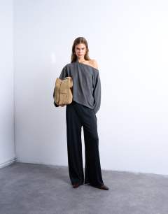Model wearing Bardot asymmetric brushed top in grey marl