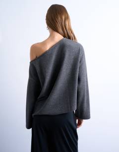 Model wearing Bardot asymmetric brushed top in grey marl