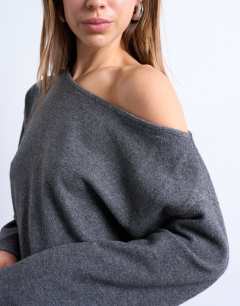 Model wearing Bardot asymmetric brushed top in grey marl