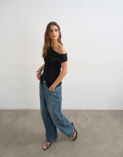 Bardot button through top in black