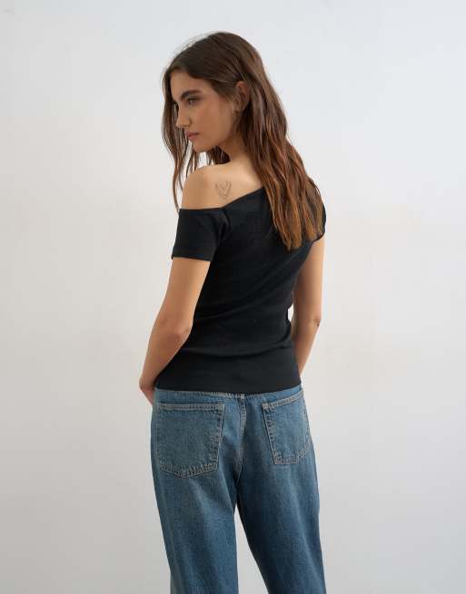 Topshop bardot button through top in black, 4 of 4