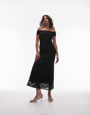 Topshop Bardot Lace Maxi Dress In Black