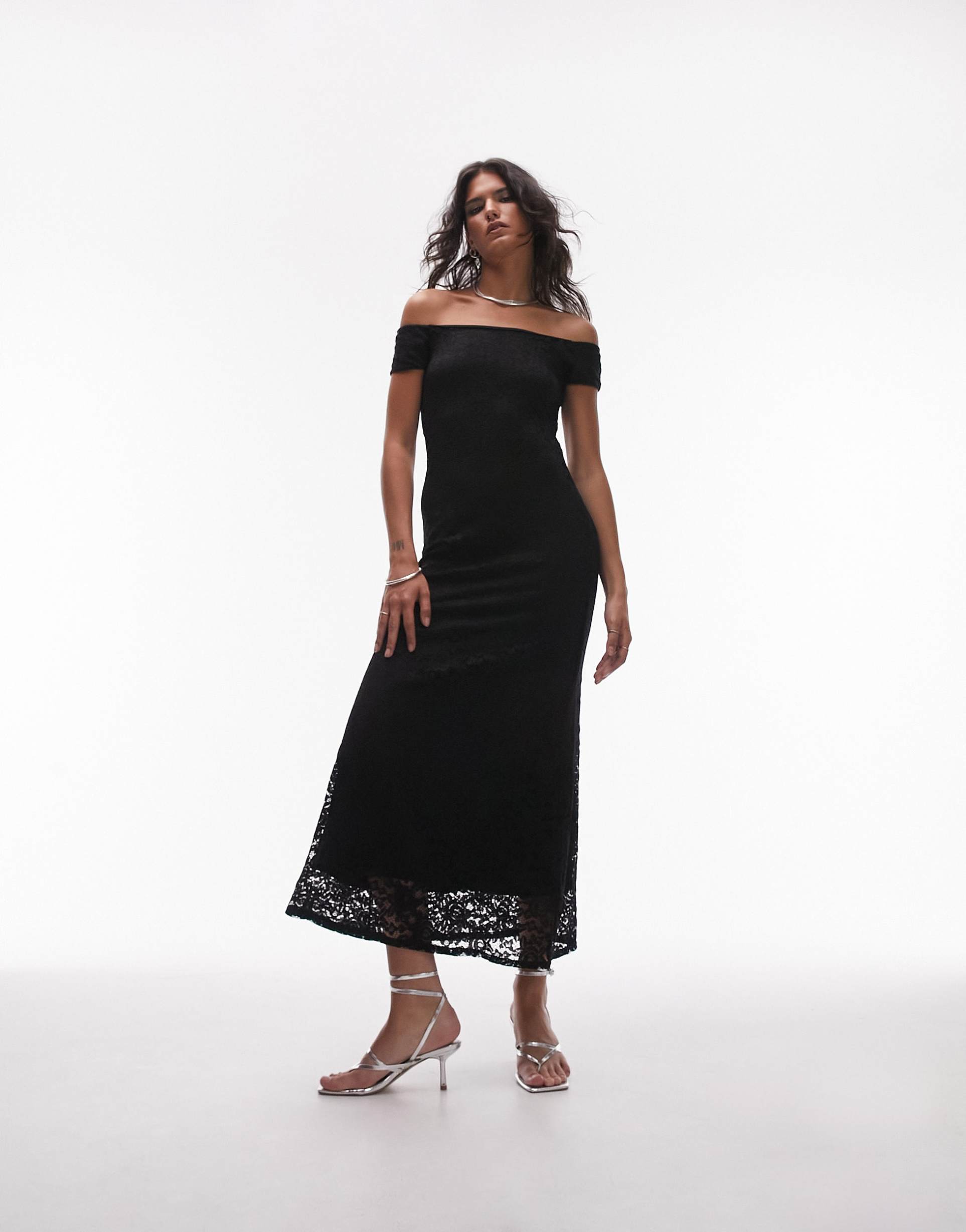 topshop bardot lace maxi dress in black