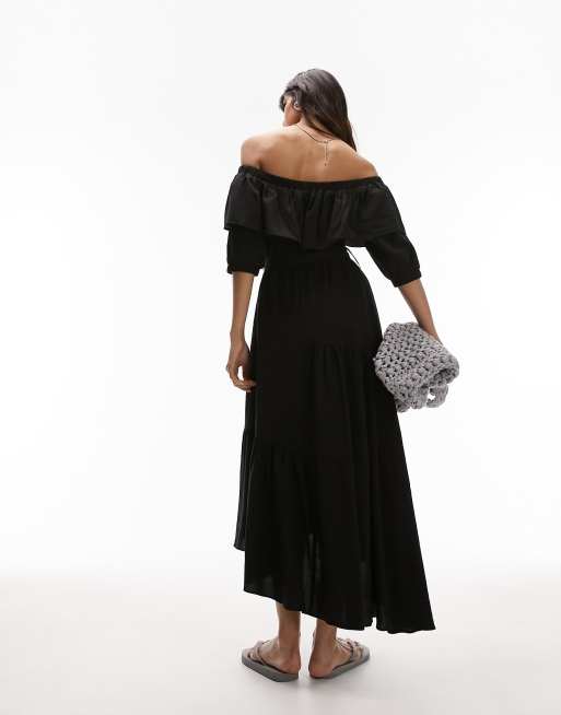 Topshop bardot midi dress in black ASOS