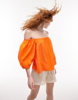 Topshop - Bardot-Oberteil aus Leinenmix in Orange