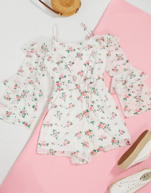 Topshop bardot playsuit in white floral