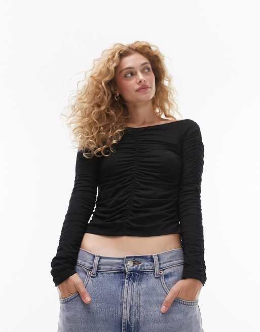 Black ruched detail bardot best sale long sleeve crop top