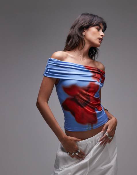 Topshop - Bardot top van microvezel met brede omslag en bloemenprint in blauw - view 1