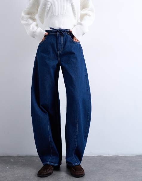 Topshop extreme barrel mid rise jean with belt detail in indigo rinse