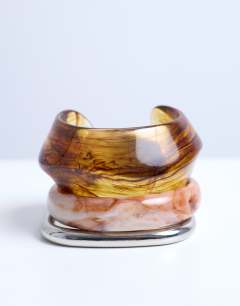 Model wearing Bari 3 pack bangles in silver, snake & wood