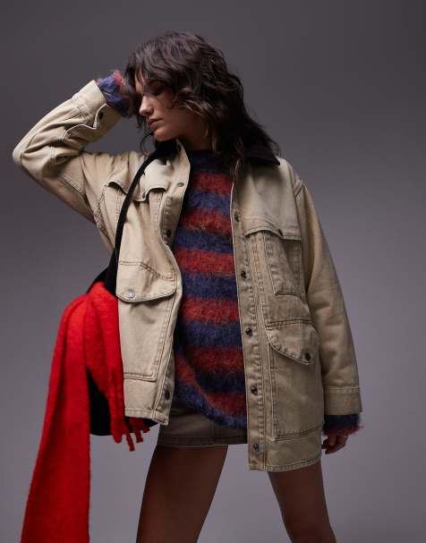 Topshop - Barn - Giacca in denim beige con colletto in velluto a coste - view 1