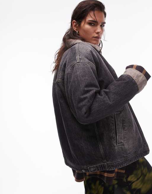 Topshop - Barn - Giacca nera imbottita in denim con colletto a contrasto, 2 di 4