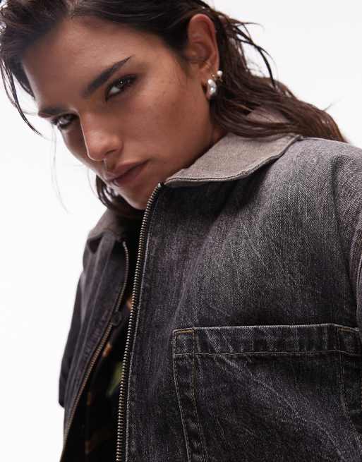 Topshop - Barn - Giacca nera imbottita in denim con colletto a contrasto, 3 di 4