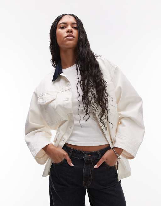 Topshop – Barn-Jacke aus Denim in Ecru mit Stretchanteil