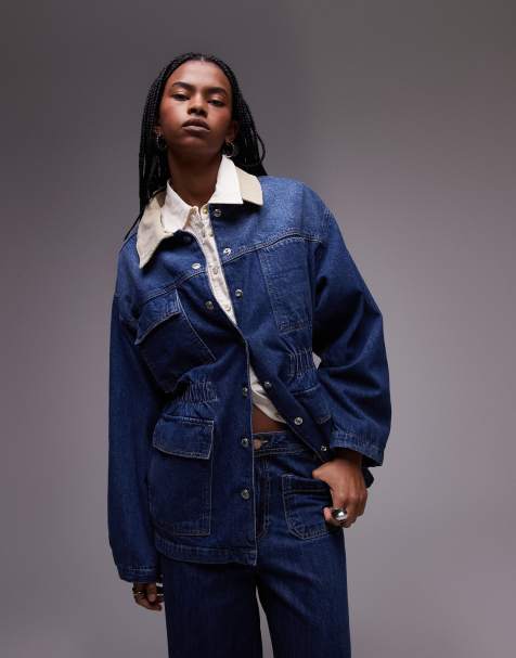 Topshop – Barn-Jacke aus Denim in Mittelblau mit elastischem Bund und Kragen aus Cord - view 1