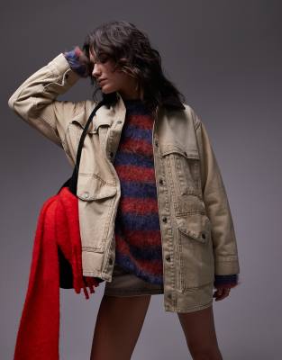 Topshop - Barn-Jacke in Beige aus Denim mit Cordkragen-Neutral
