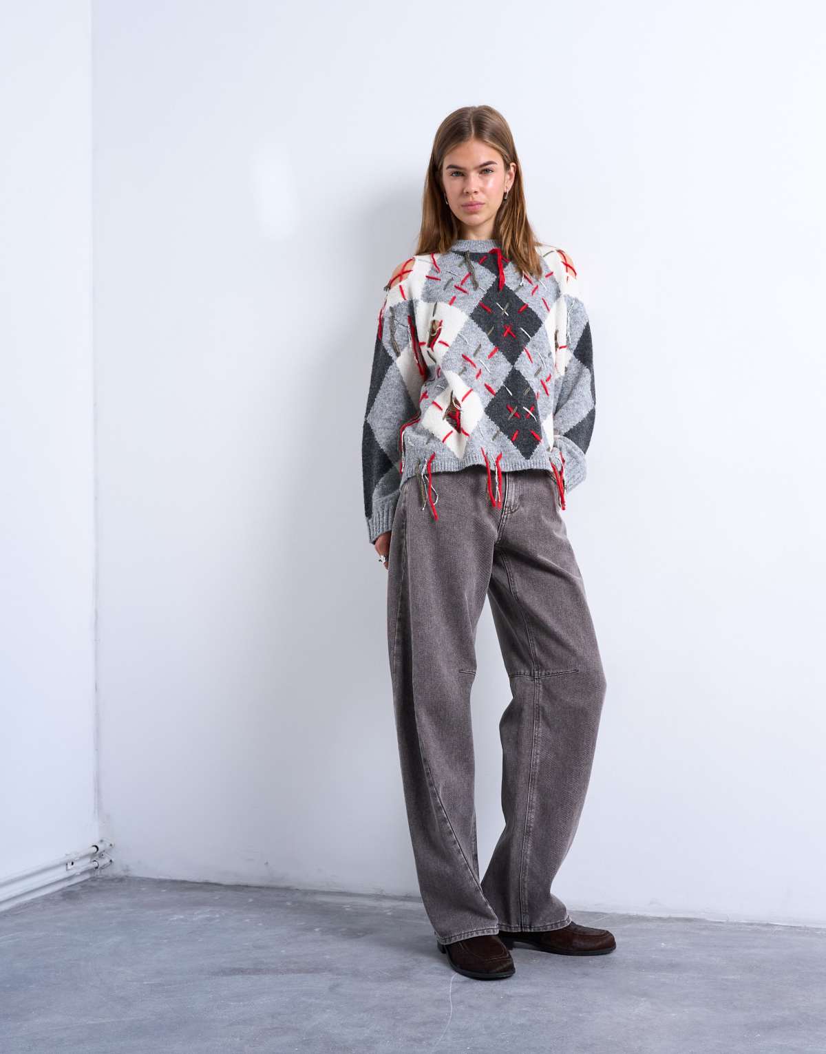 Topshop Barrel high rise jean with seam detail in otter