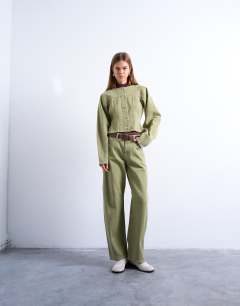 Barrel high rise jean with seam details in avocado