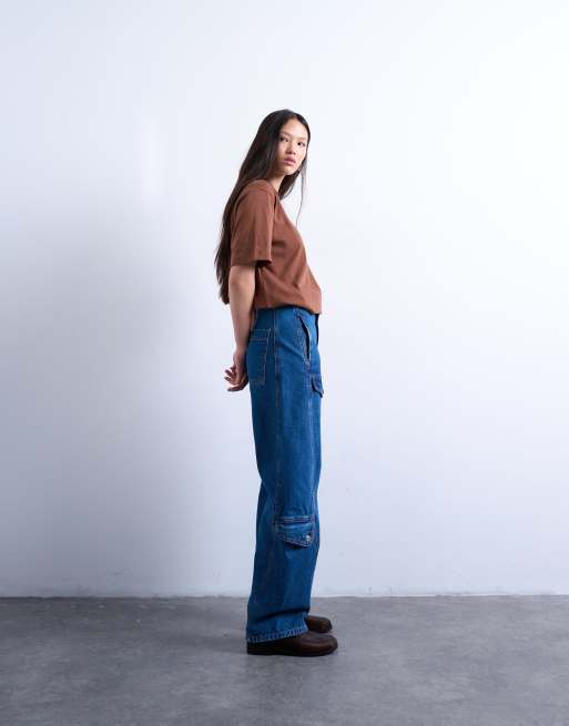 Topshop barrel jean with cargo pockets in mid blue