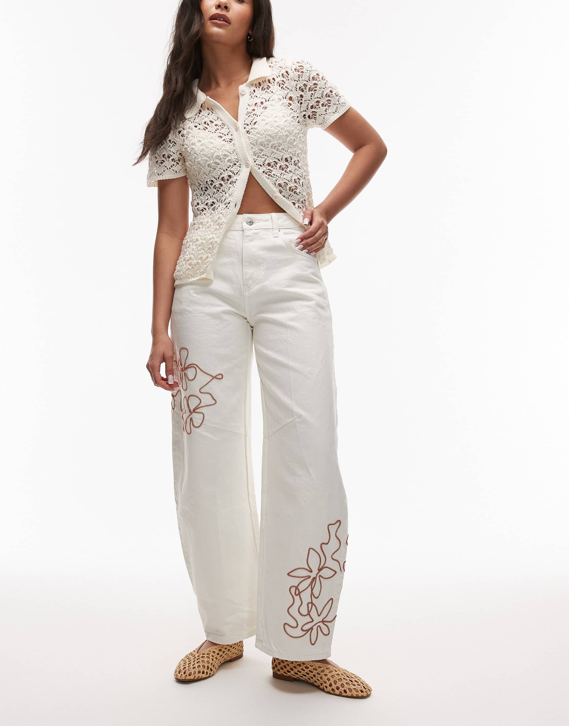 topshop barrel jean with red embroidery in ecru