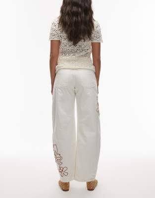 Topshop Barrel Jean With Red Embroidery In White