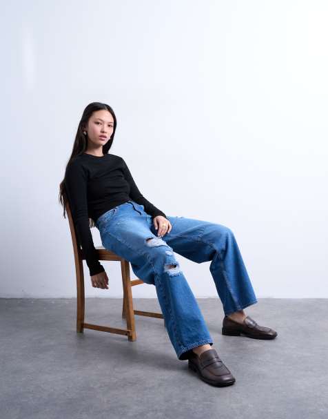 Topshop barrel jean with thigh rips in vintage blue