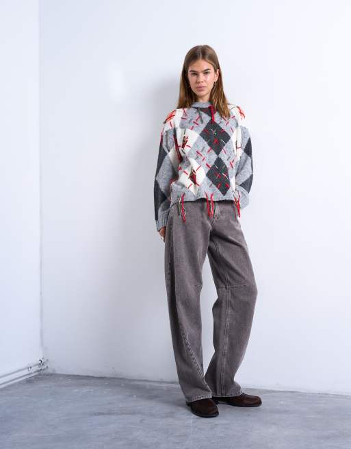 Topshop - Barrel - Jeans a vita alta color lontra con cuciture a vista