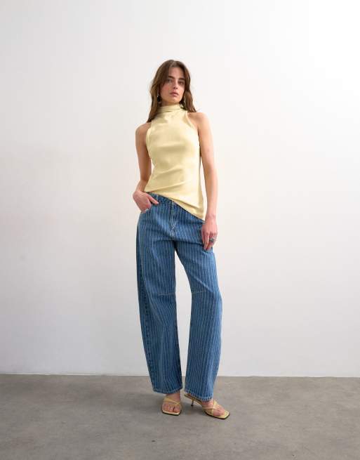 Topshop - Barrel - Jeans a vita media blu vintage testurizzati a righe, 4 di 7