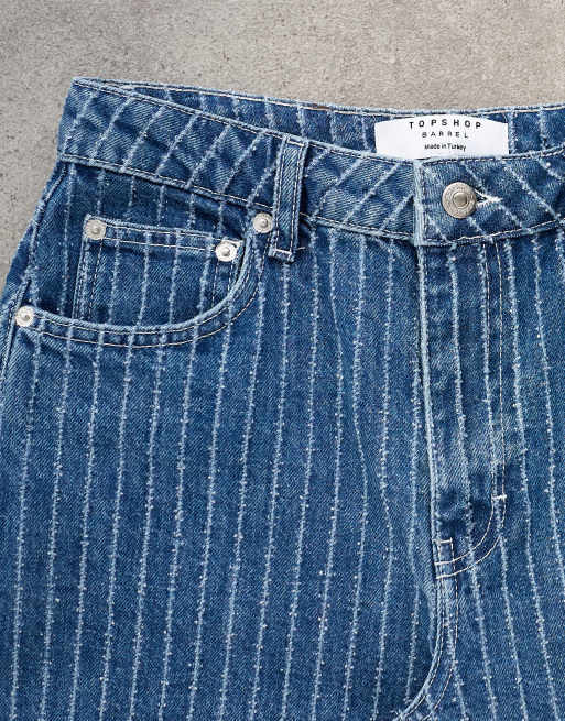Topshop - Barrel - Jeans a vita media blu vintage testurizzati a righe, 5 di 7