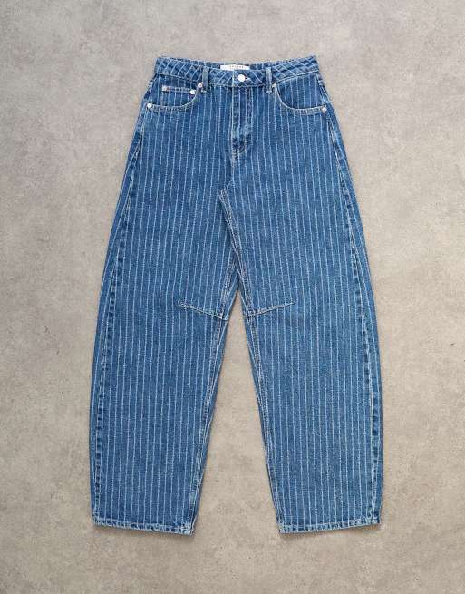 Topshop - Barrel - Jeans a vita media blu vintage testurizzati a righe, 6 di 7