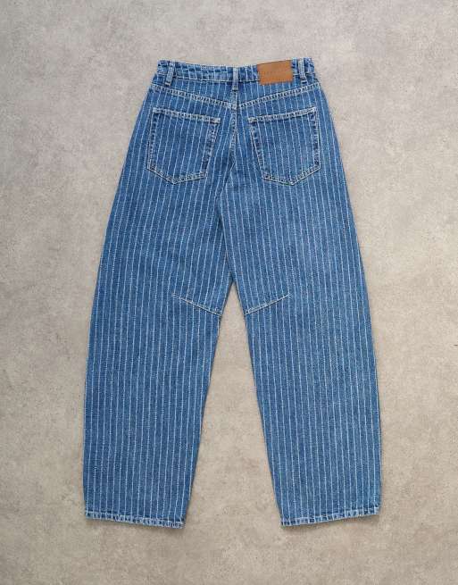 Topshop - Barrel - Jeans a vita media blu vintage testurizzati a righe, 7 di 7