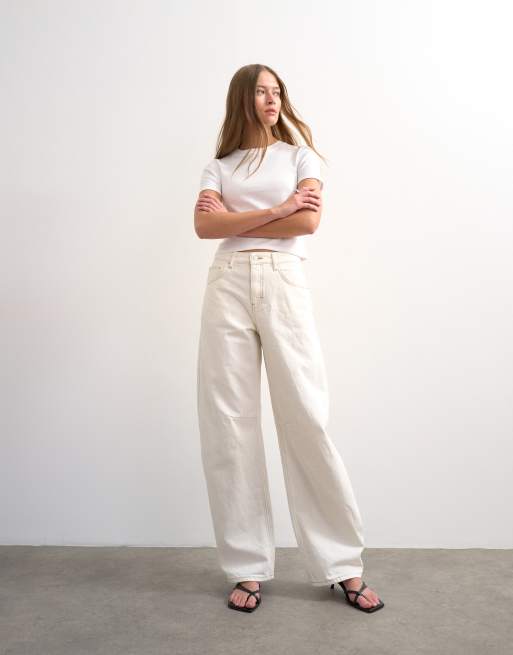 Topshop - Barrel - Jeans a vita medio alta color osso