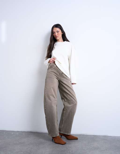 Topshop - Barrel - Jeans a vita medio alta color pesto