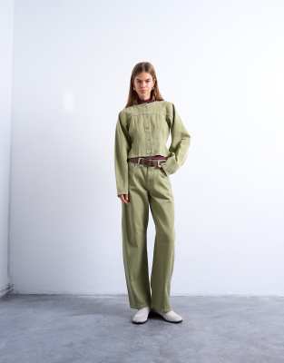 Topshop - Barrel-Jeans in Avocado mit mittelhohem Bund und Nahtdetails-Grün