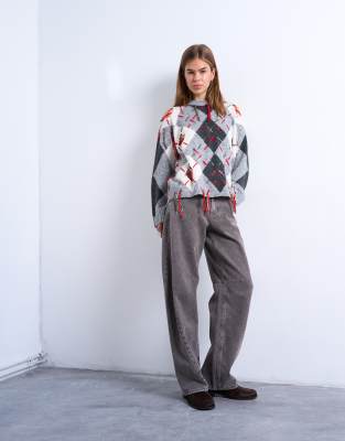 Topshop Barrel - Jeans in Ottergrau mit hohem Bund und Ziernaht-Brown