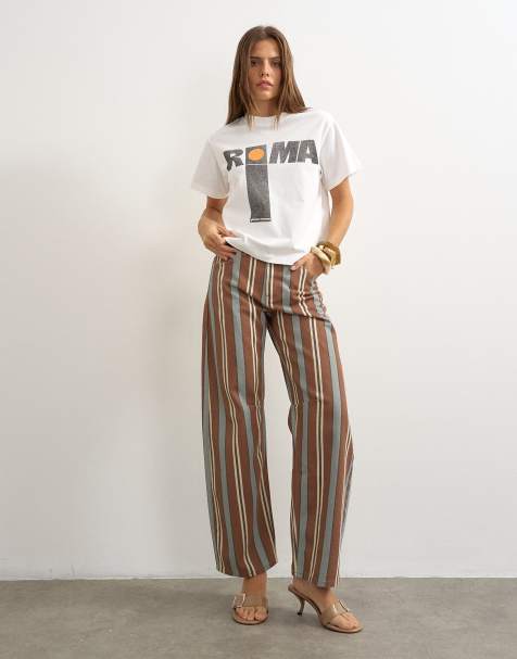 Topshop Barrel jeans med mellemhøj talje i brun og blå stribe - view 1